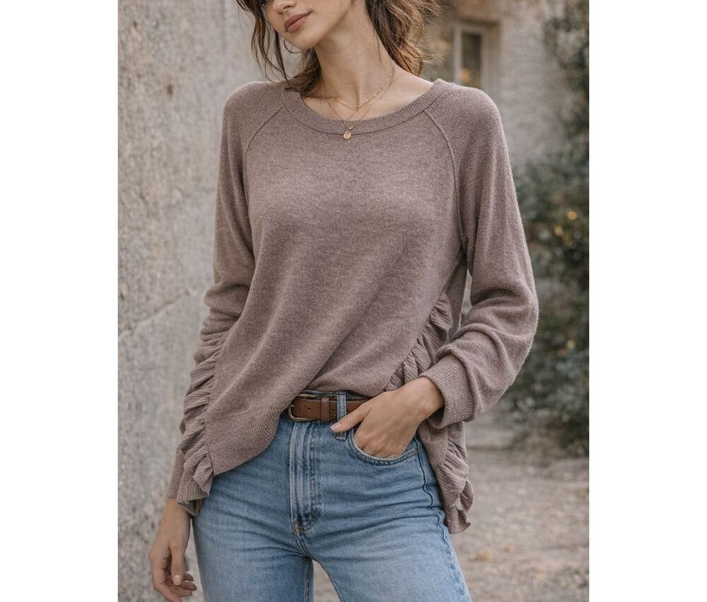 Zara Tan Taupe Side Slit Ruffle Knit Sweater Size M Boho Casual